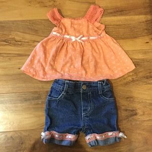 Peach summer outfit top and Jean shorts